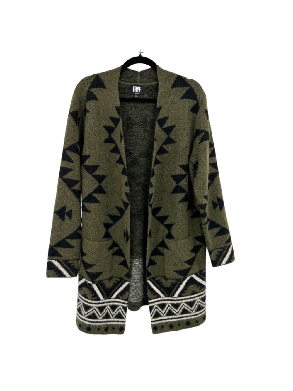 Frye The Cozy Cardigan Open Front Aztec Cardigan Sweater Large Olive Black